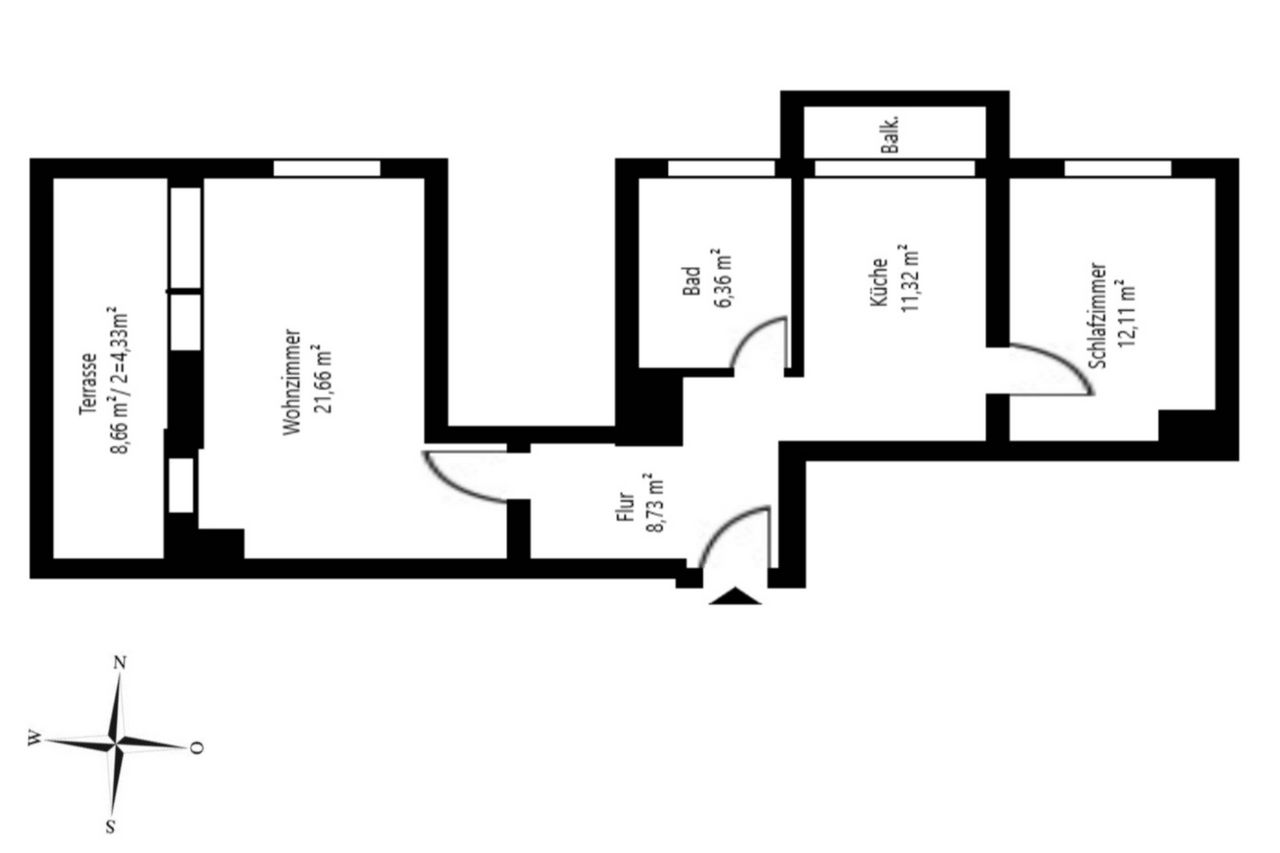 Sunny top floor apartment on the 6th floor, 2 rooms, 67 sqm, fitted kitchen, 2 balconies, rear building, furnished